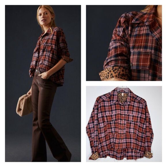 Pilcro Anthropologie Womens Crop Shirt Size S Rust Pink Plaid Oversized Grunge - Picture 1 of 15